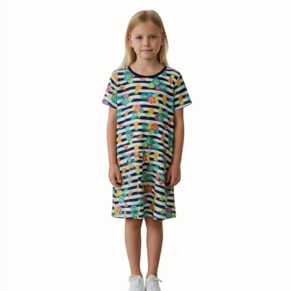 Bobbie Brooks Girls Tropical Fruit Floral Stripe Dress Navy Multicolor M 7/8